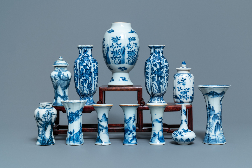 Twelve small Chinese blue and white vases, Kangxi