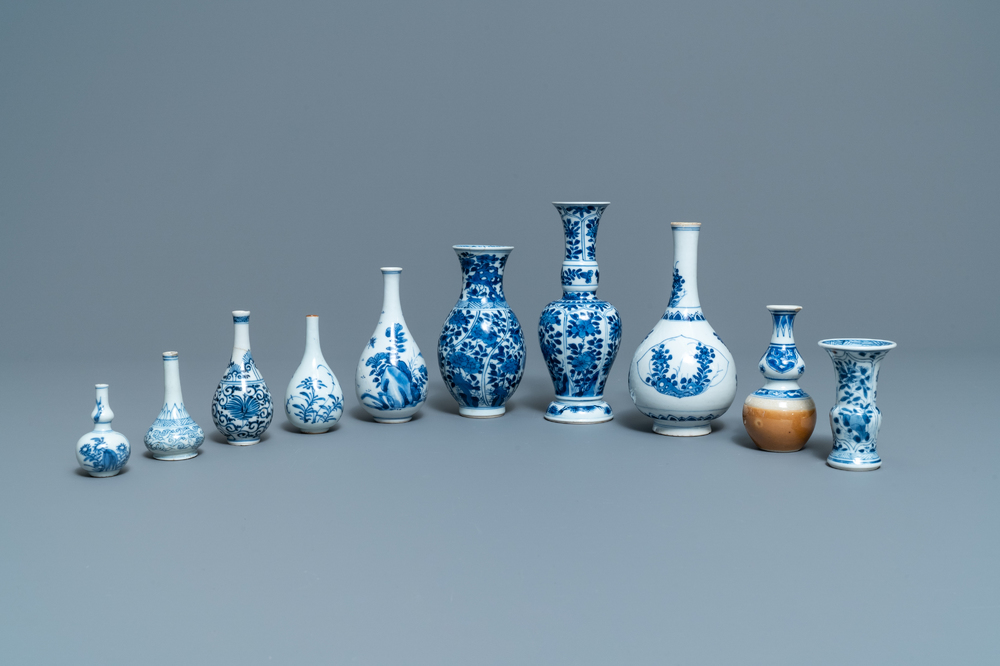 Ten small Chinese blue and white vases, Kangxi