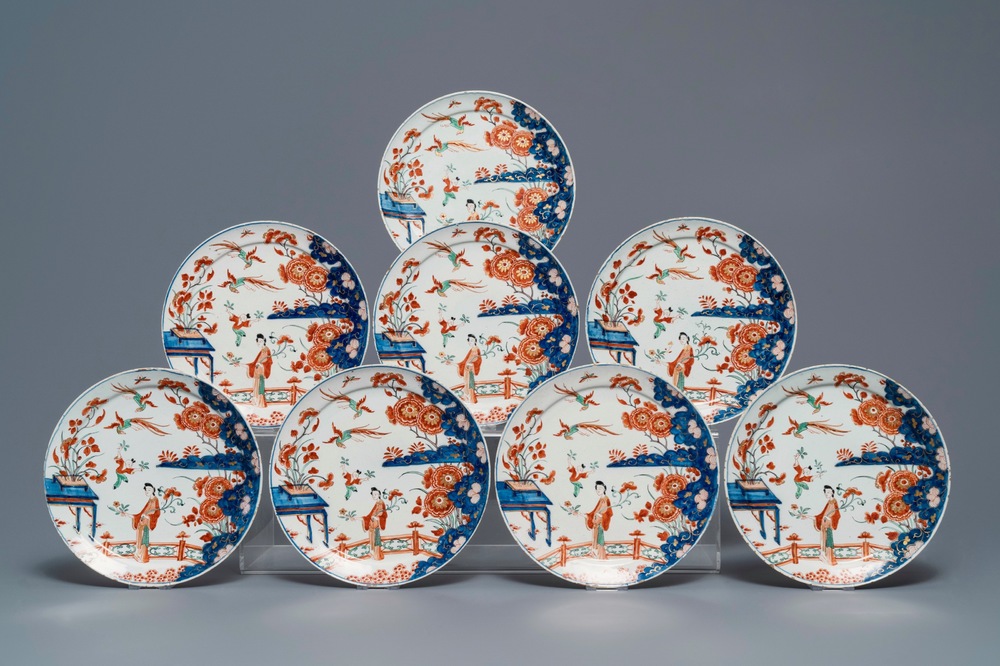 Eight polychrome Dutch Delft petit feu chinoiserie plates, 1st quarter 18th C.