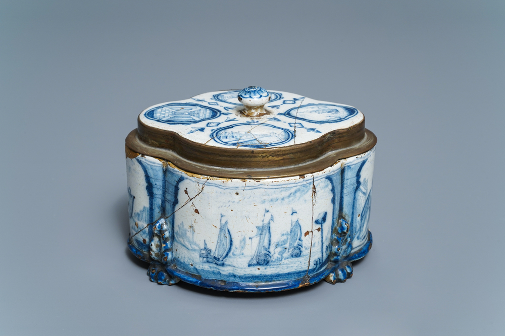 A Dutch Delft blue and white quatrefoil box and bronze-mounted cover, early 18th C.