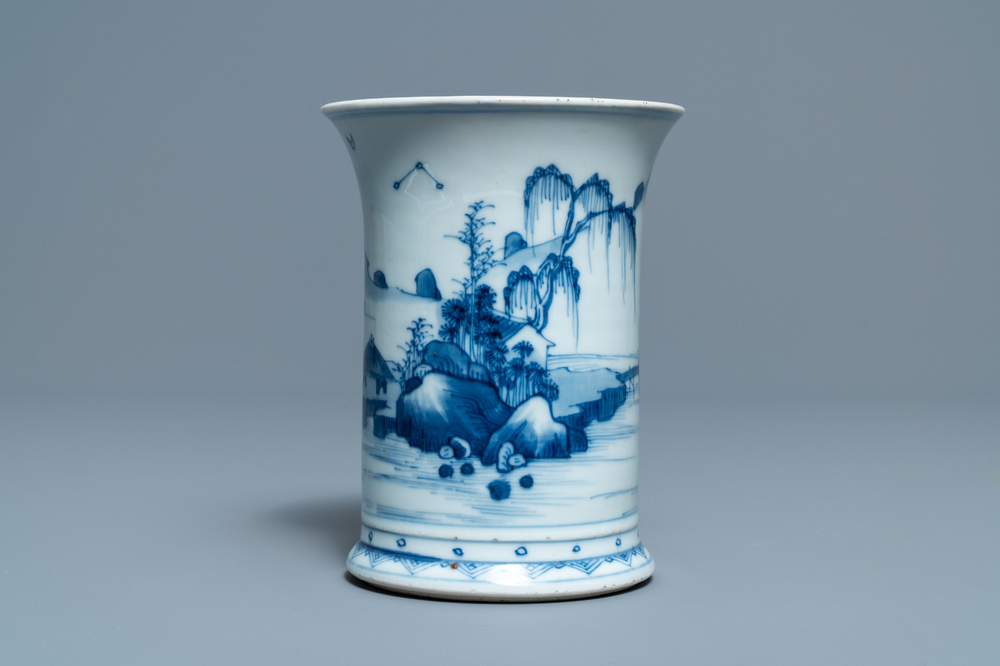 A Chinese blue and white 'landscape' brush pot, bitong, Kangxi