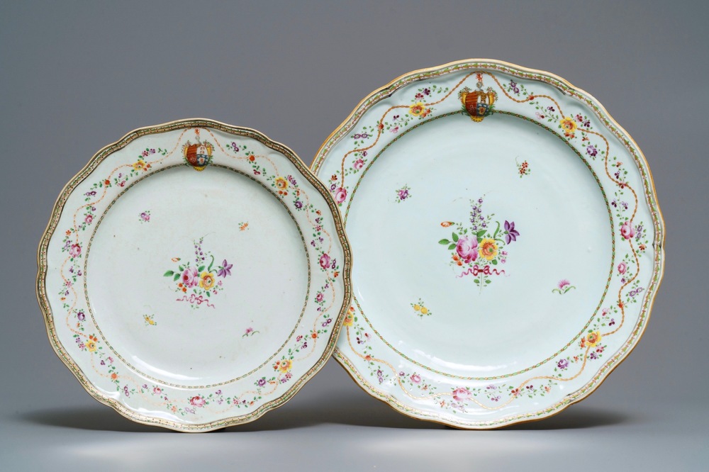 Two Chinese famille rose Portuguese market armorial dishes, Qianlong