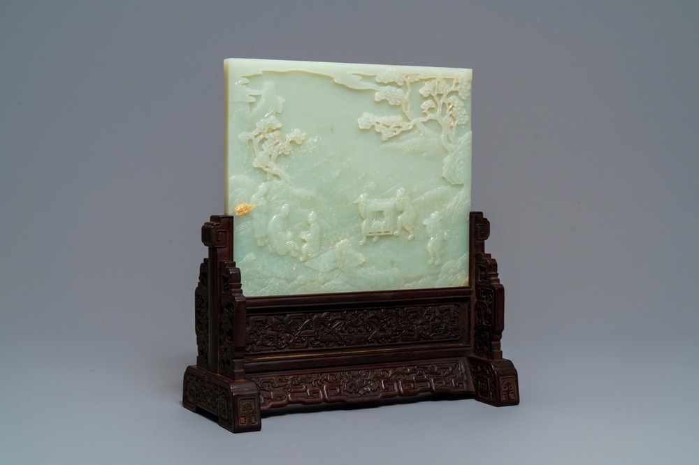 A Chinese carved pale celadon jade and hardwood table screen, 19/20th C.