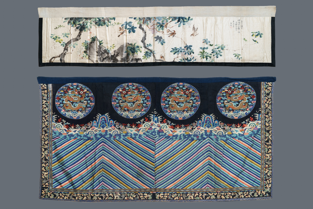 Two rectangular Chinese embroidered and painted silk panels, 19/20th C.
