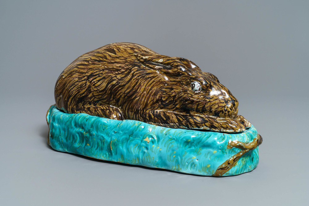A large polychrome Brussels faience 'hare' tureen and cover, 18th C.