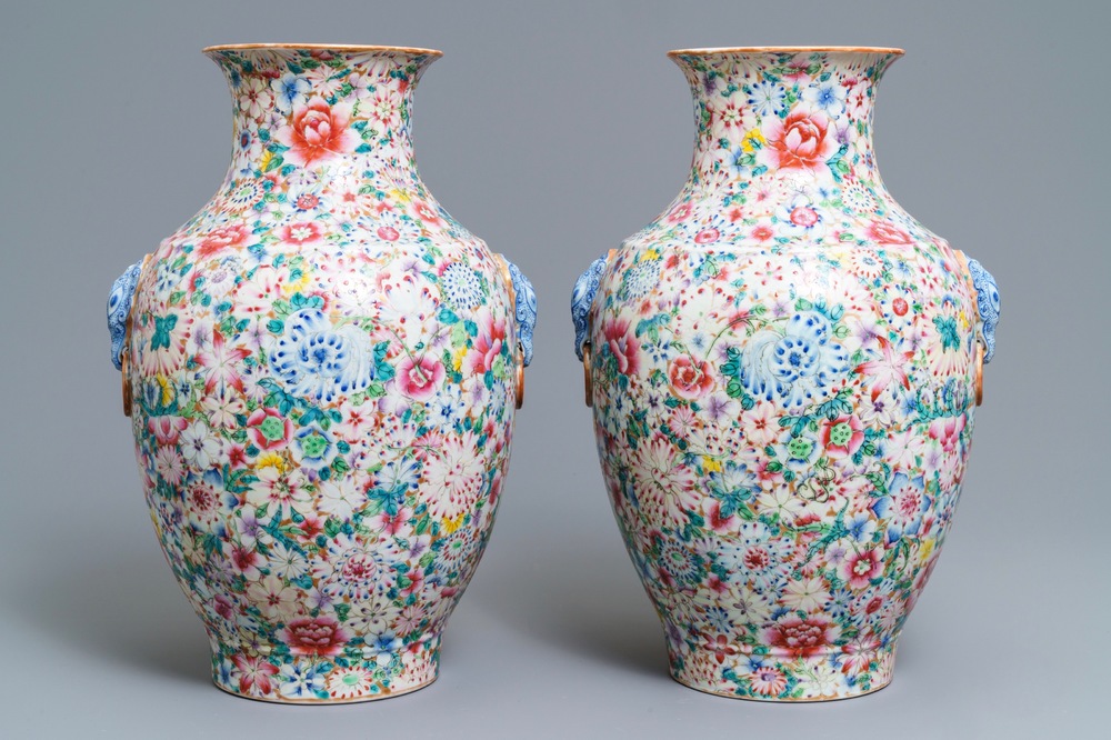 A pair of Chinese famille rose 'millefleurs' vases, Qianlong mark, Republic