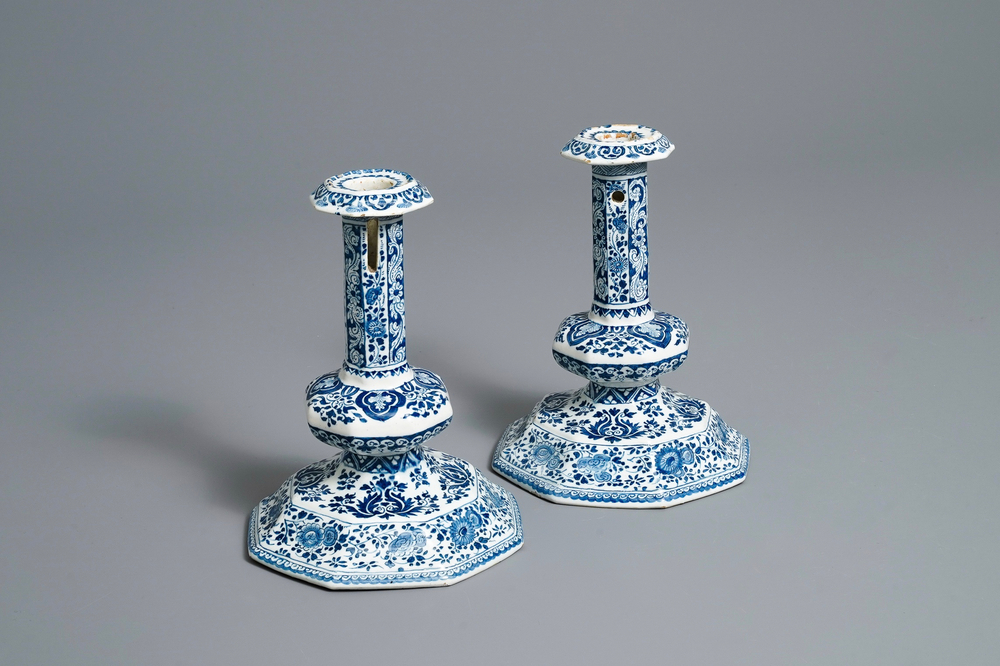 A rare pair of Dutch Delft blue and white candlesticks, 17/18th C. (naar tefaf)