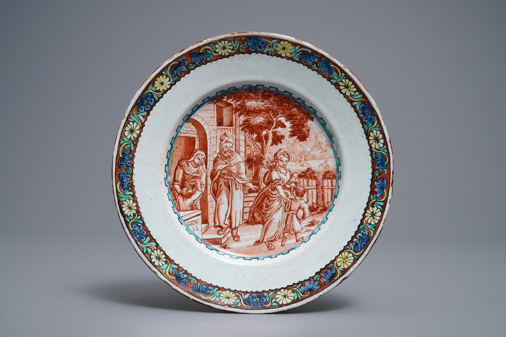 A polychrome Dutch Delft petit feu plate with fine biblical design, 18th C.