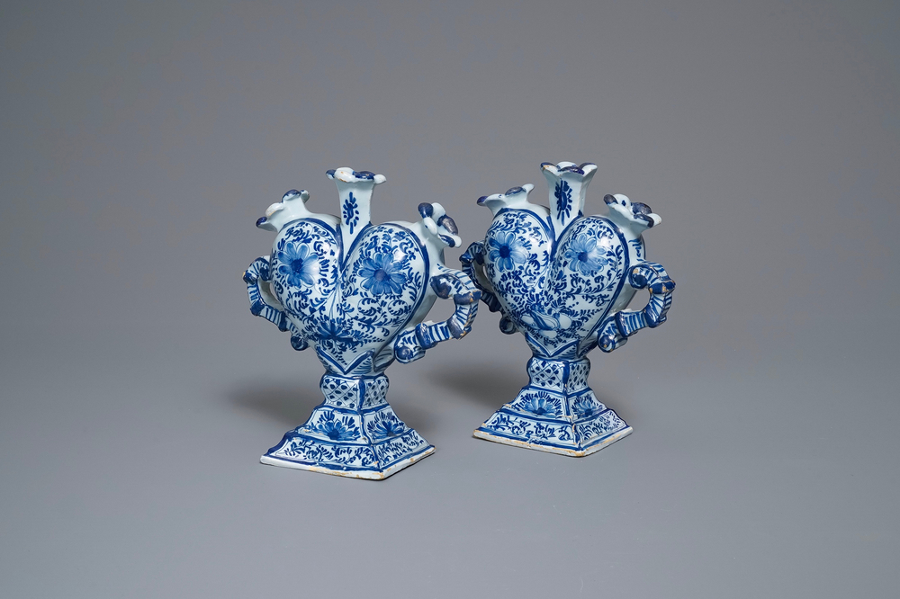 A pair of Delft-style blue and white heart-shaped tulip vases, Nurnberg, Germany, 18th C.