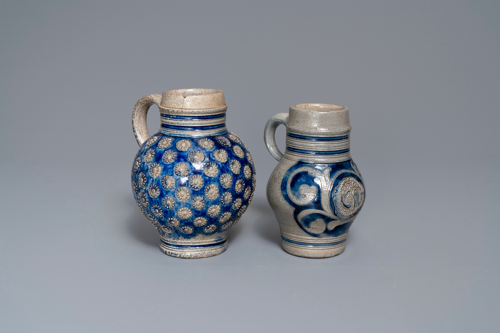 Two Westerwald stoneware jugs, Germany, 17/18th C.