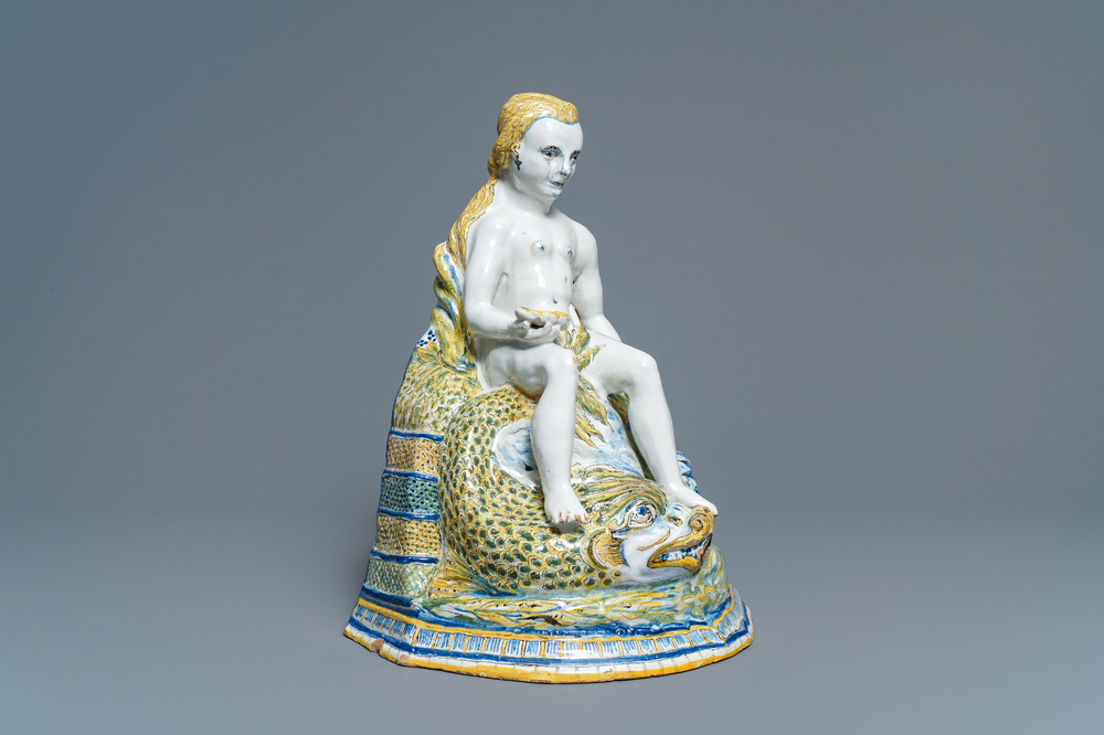A large polychrome Brussels faience 'Amphitrite' fountain, 18th C.