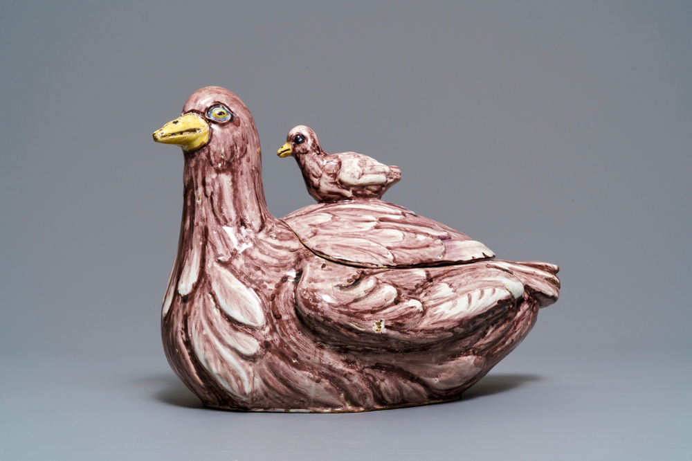 A large manganese Brussels faience partridge tureen, 18th C.