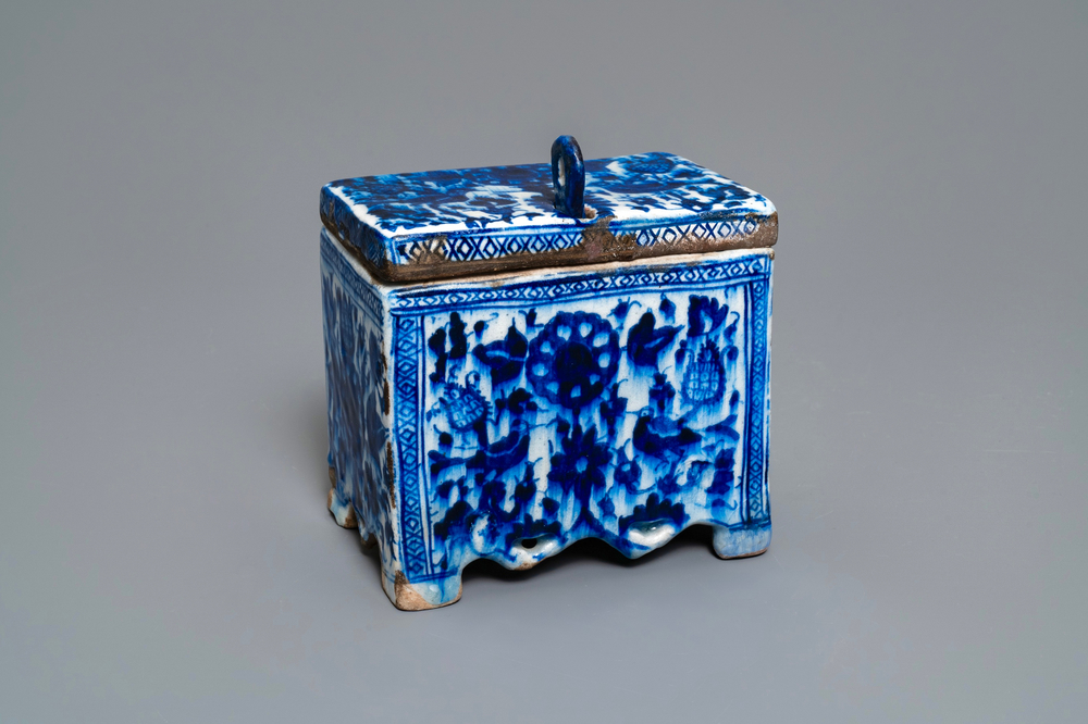 A rare blue and white Persian pottery strongbox, Qajar, Iran, 18/19th C.