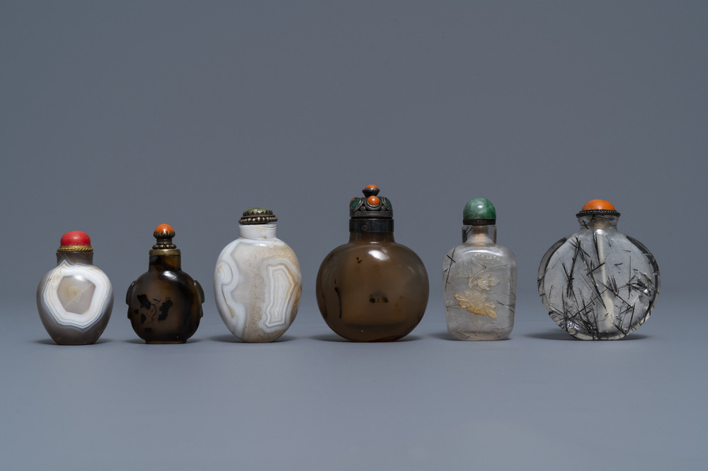 Six Chinese needle quartz and agate snuff bottles, 19/20th C.