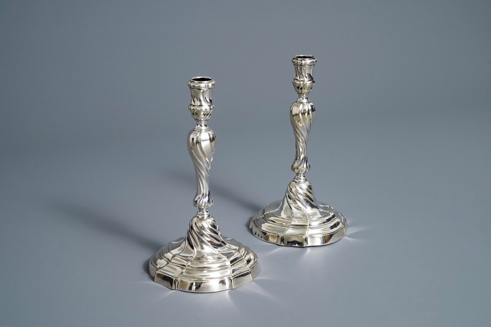 A pair of silver candlesticks, marked Carel Benninck, Bruges, dated 1778