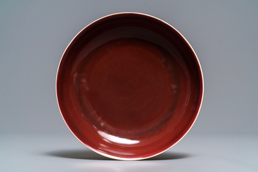 A Chinese monochrome red plate, Jiaqing mark and of the period