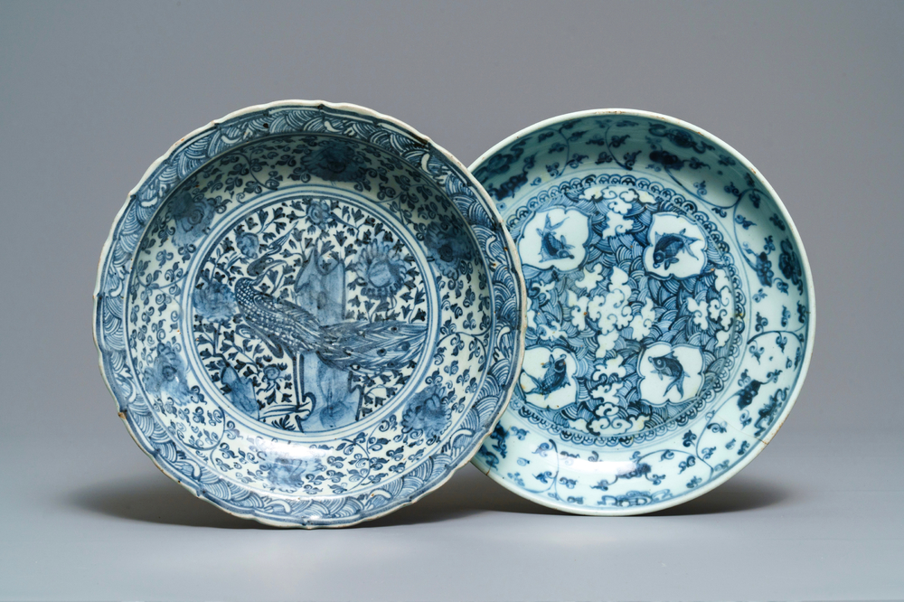 Two Chinese blue and white dishes with a peacock and with fish, Hongzhi