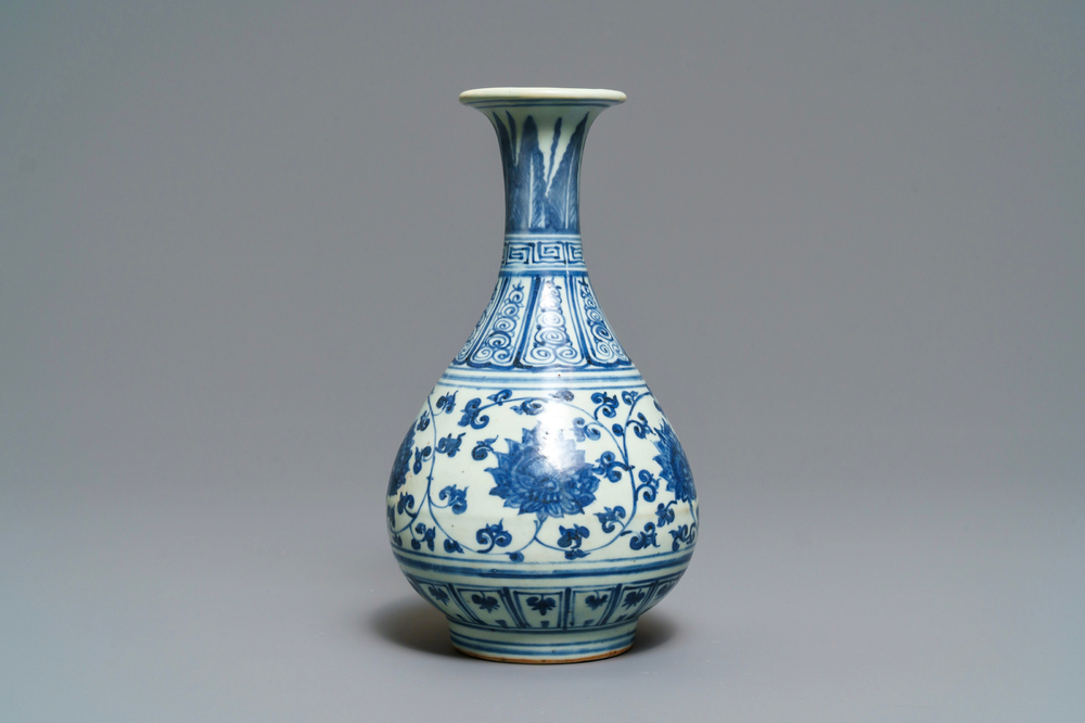 A Chinese blue and white 'lotus scroll' yuhuchunping vase, Hongzhi