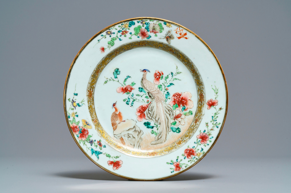 A fine Chinese famille rose plate with two pheasants, Yongzheng