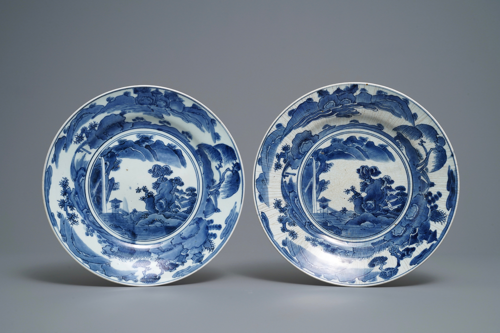 A pair of Japanese blue and white dishes with mountainous landscapes, Arita, Edo, 17/18th C.