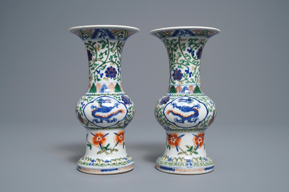 A pair of Chinese wucai 'dragon' vases, Xuande mark, Republic