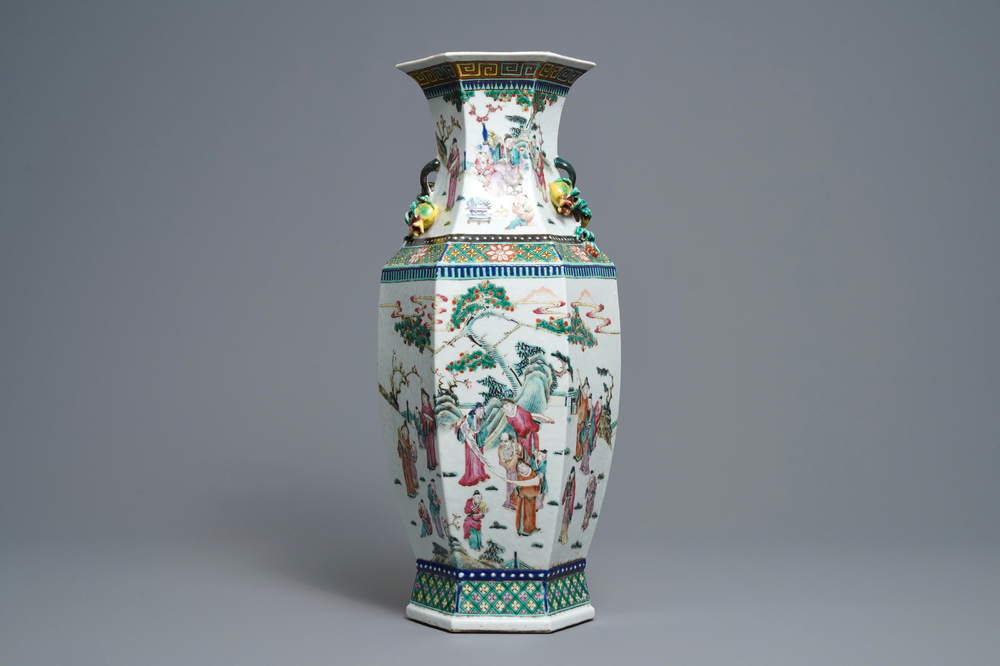 A Chinese hexagonal famille rose 'scholars' vase, 19th C.