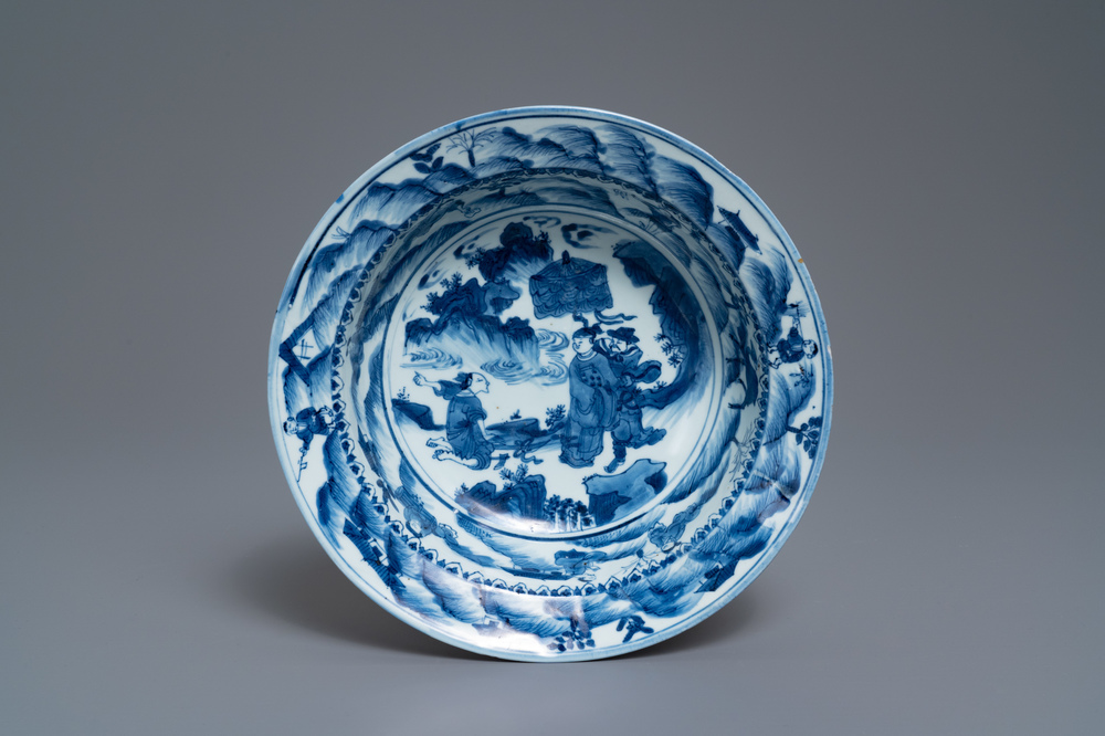 A Chinese blue and white basin with figures in a landscape, Wanli