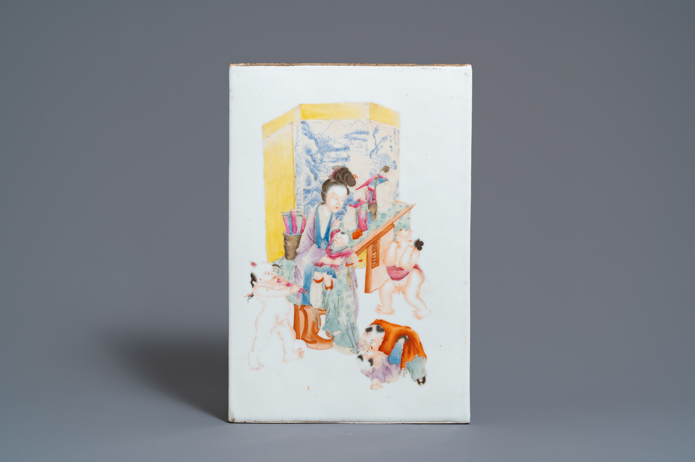 A Chinese famille rose plaque with a lady with playing children, Republic
