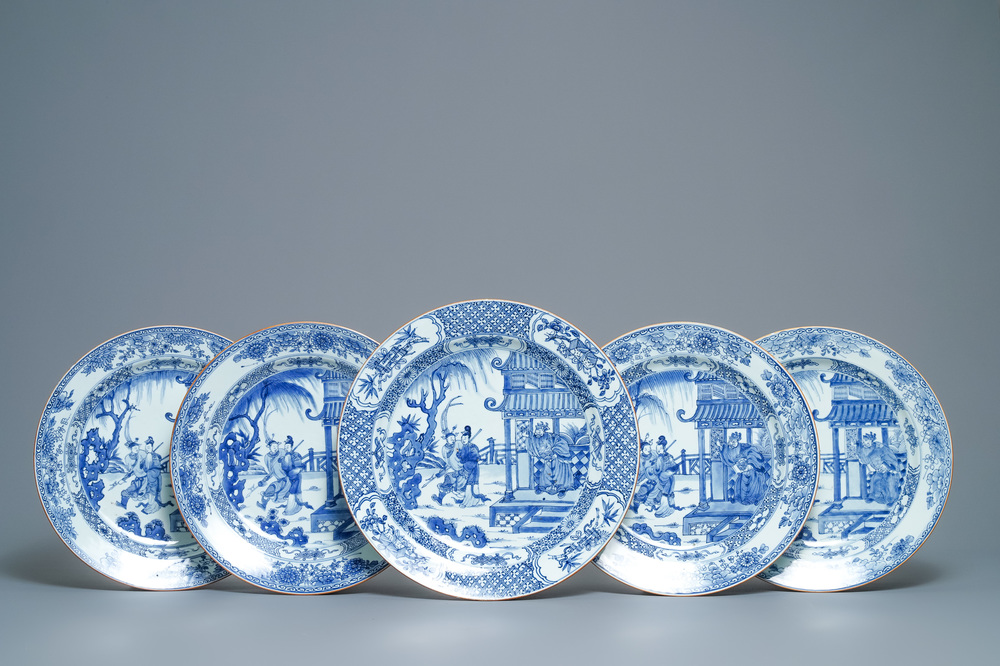 Five Chinese blue and white 'Romance of the Western Chamber' dishes, Kangxi/Yongzheng