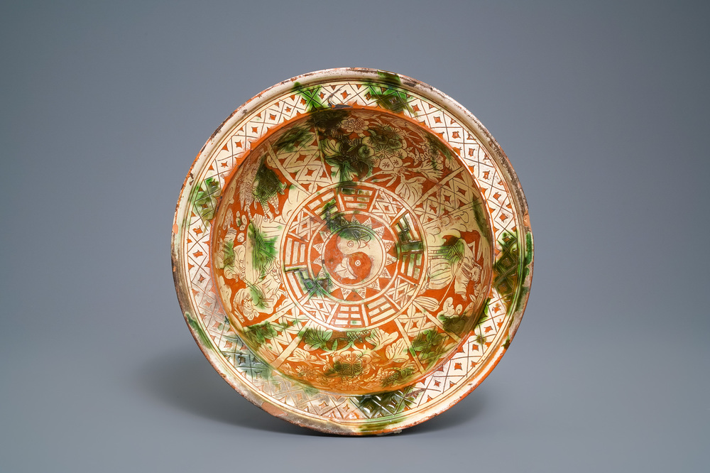A Chinese sancai-glazed stoneware basin, late Ming