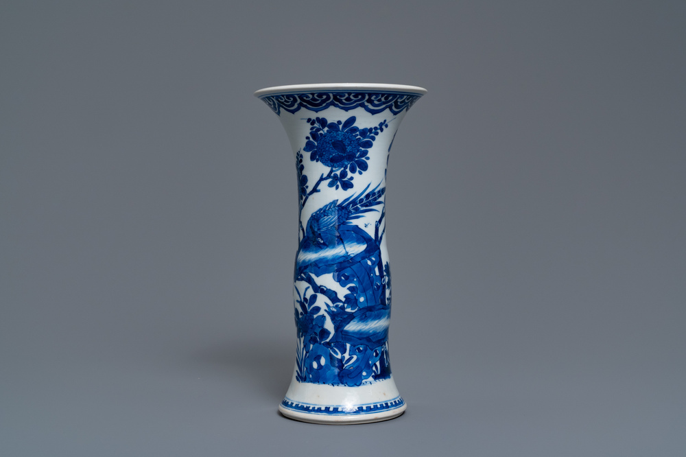 A Chinese blue and white vase with birds among flowers, Kangxi