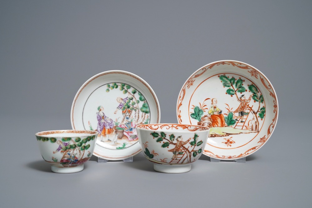 Deux tasses et soucoupes en porcelaine de Chine famille rose &agrave; la cueillette des cerises, Qianlong