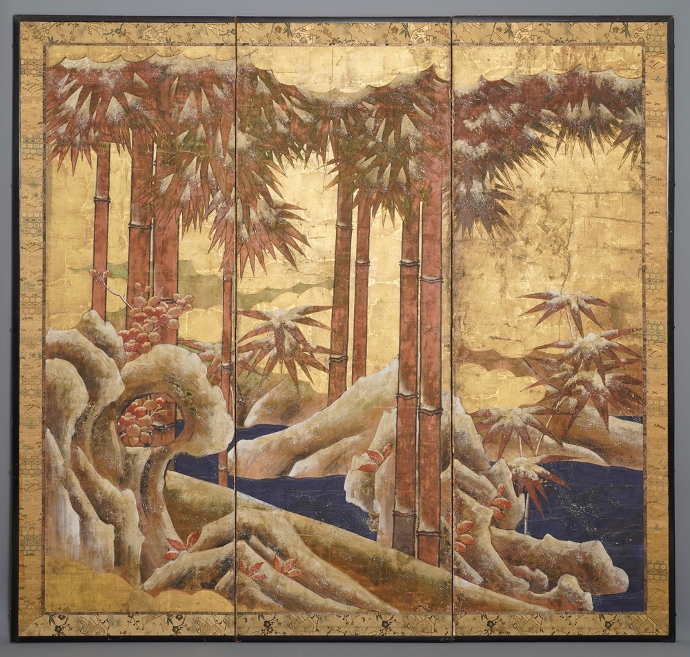 Tosa school, Japan, 16/17th C., a screen with ink, colour and gold on paper: a shore with bamboo and rocks