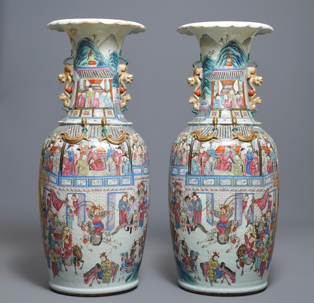 A pair of large Chinese famille rose vases with narrative design, 19th C.