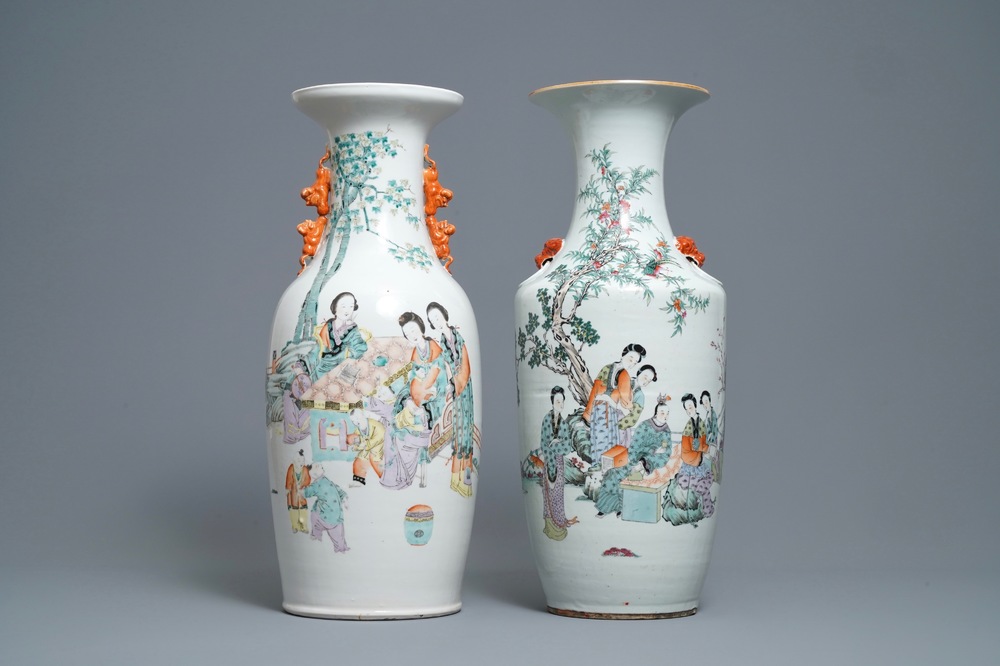 Two Chinese qianjiang cai vases with ladies in a garden, 19/20th C.