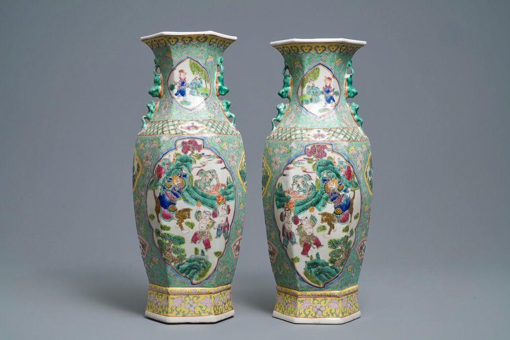 A pair of Chinese hexagonal famille rose vases, 20th C.