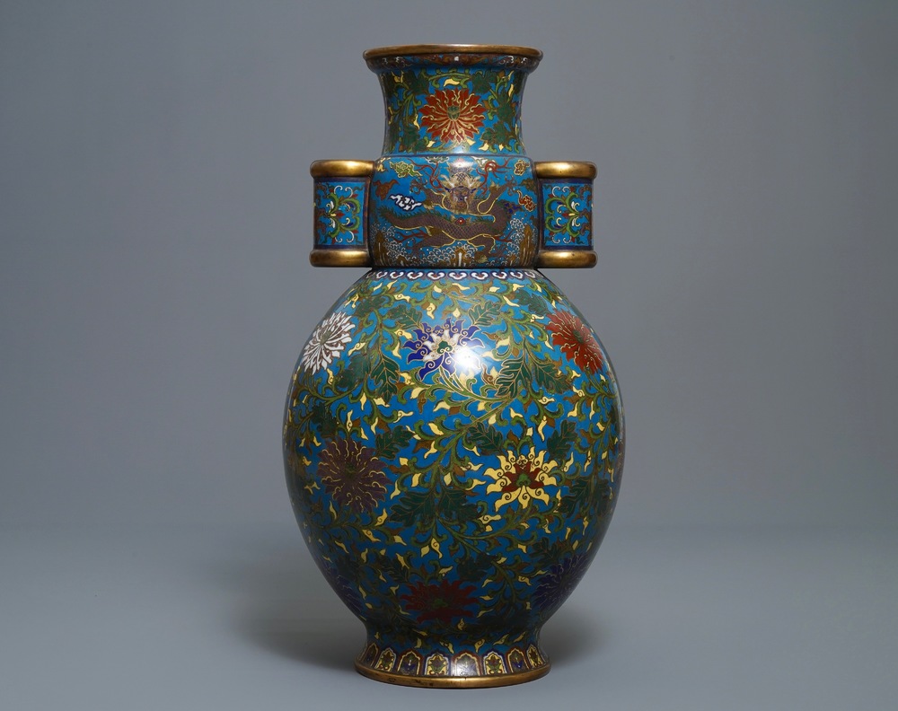 A large Chinese cloisonn&eacute; hu vase with lotus scrolls, marked Qi Yu Bao Tung Chih Chen, 19th C.