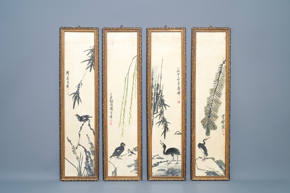 Chinese school, signed Li Kuchan (1899-1983), ink and colour on paper, dated 1972: four panels with birds on rocks