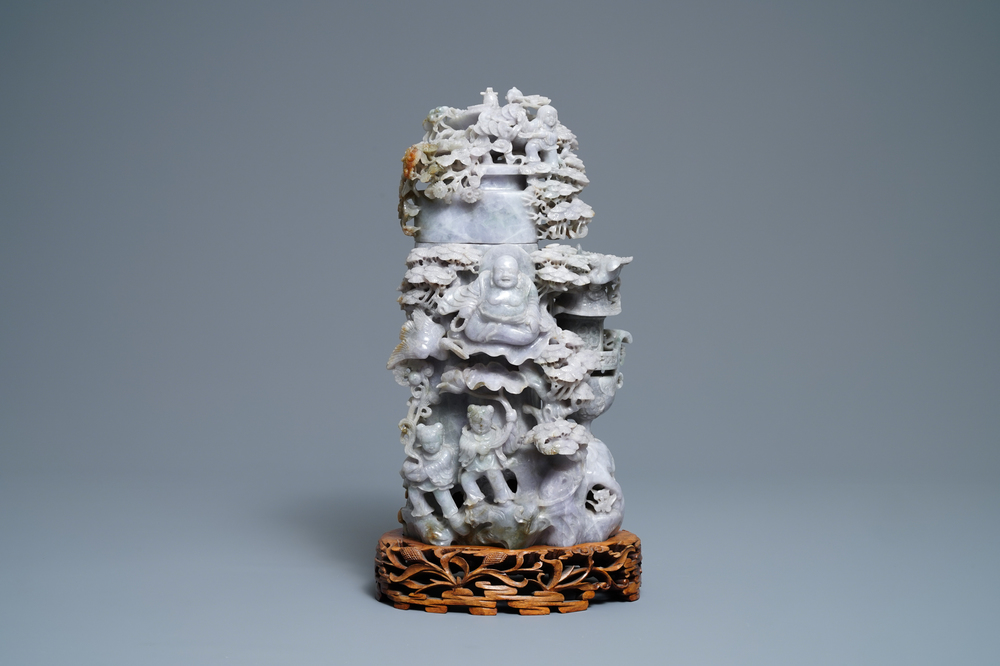 A Chinese jadeite vase and cover with Buddha and playing children, 19/20th C.