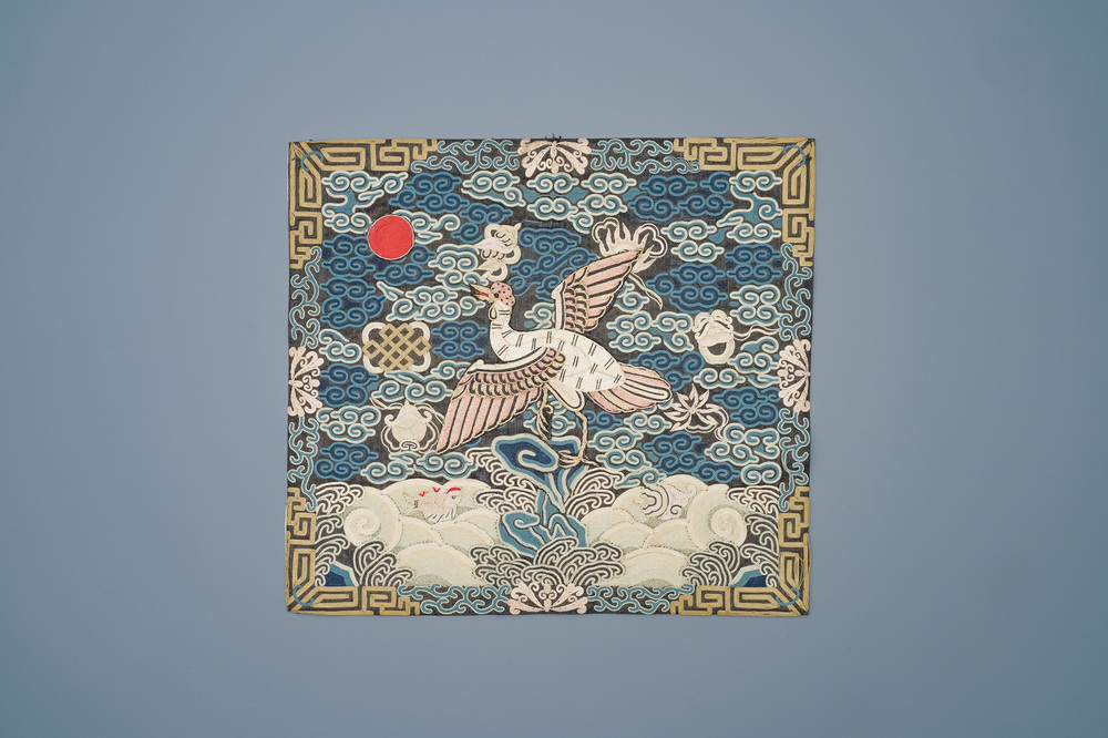 A Chinese embroidered silk rank badge with a crane for first-rank civil official, Qianlong/Jiaqing