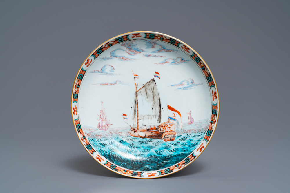 A Dutch-decorated Chinese plate with a ship at sea, Yongzheng