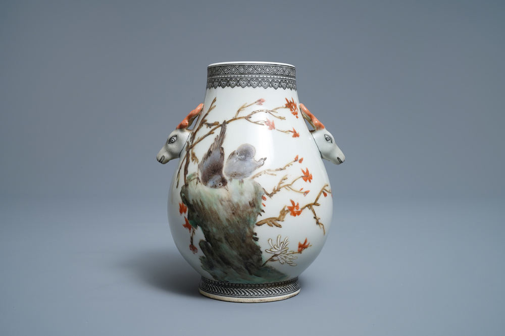 A Chinese polychrome hu vase with birds, signed Cheng Yiting (1885-1948), dated 1936