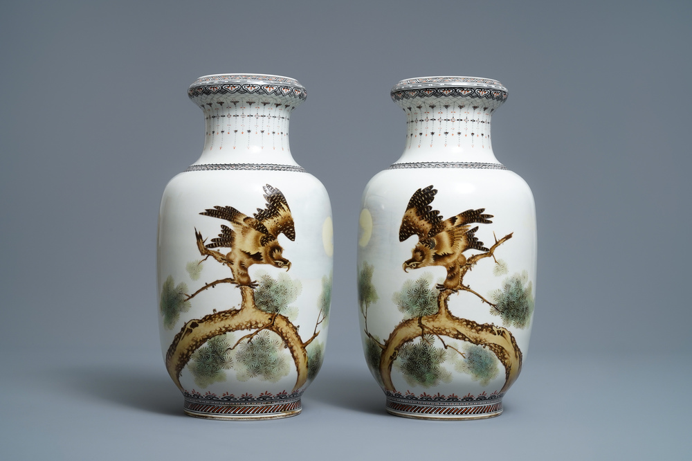 A pair of Chinese polychrome vases with birds of prey, signed Cheng Yiting (1885-1948), dated 1931