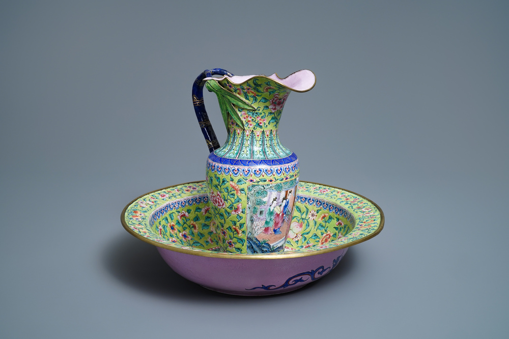 A Chinese Canton enamel lime green-ground ewer and basin, four-character mark, Qianlong/Jiaqing