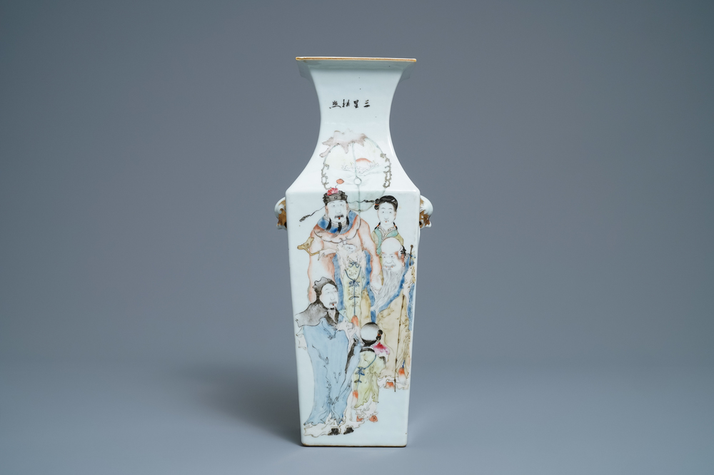 A square Chinese qianjiang cai vase with figures, 19/20th C.