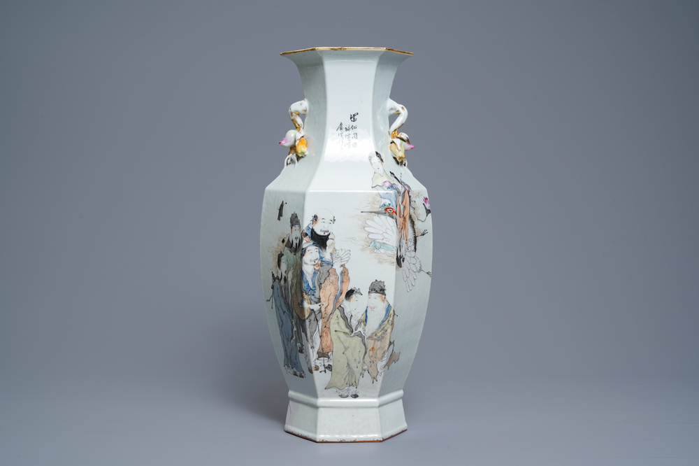 A Chinese hexagonal qianjiang cai 'immortals' vase, 19/20th C.