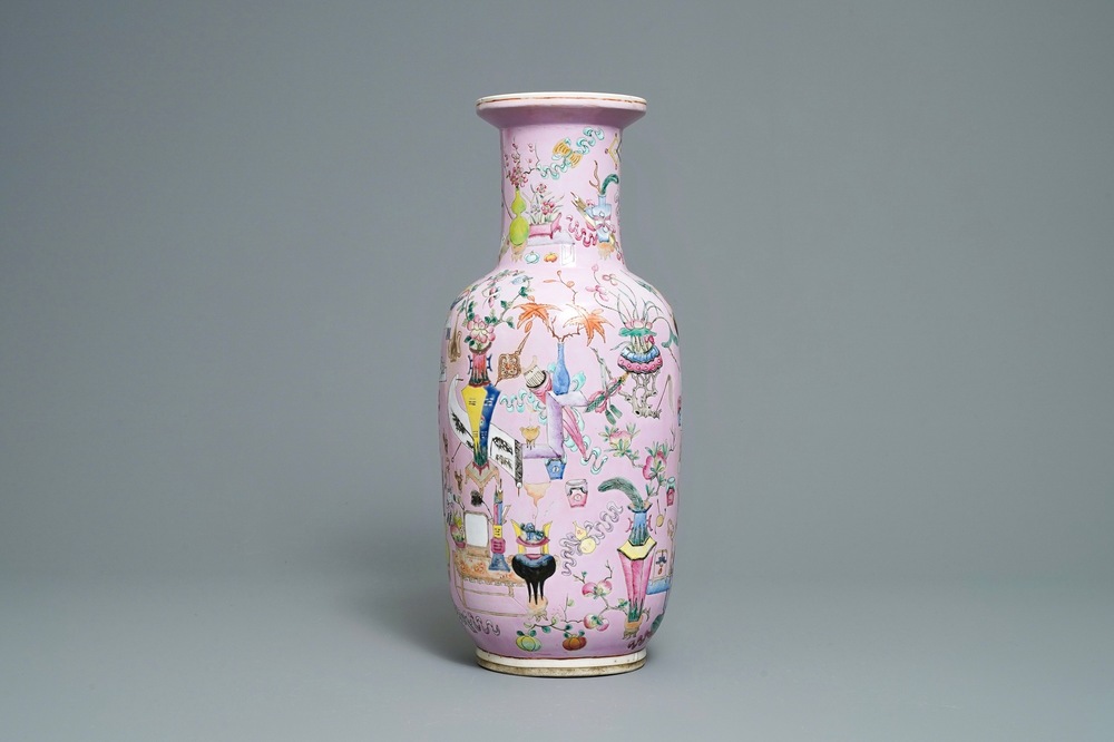 A Chinese famille rose pink-ground rouleau vase, 19th C.