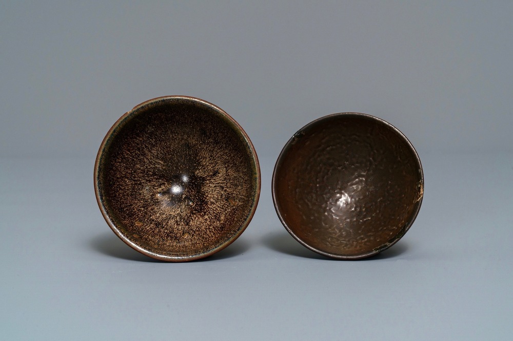 Two Chinese jianyao 'hare's fur' and speckled brown glaze tea bowls, Song