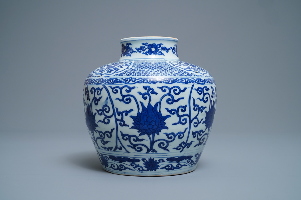 A Chinese blue and white 'lotus scroll' jar, dated 1587, Wanli mark and of the period