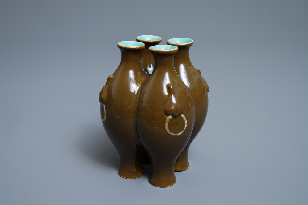 A Chinese conjoined four-part brown-glazed vase, Qianlong mark, 19/20th C.